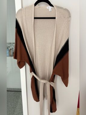 Tribal Jeans Colorblock Belted Knit Cardigan - Cream, Brown & Black